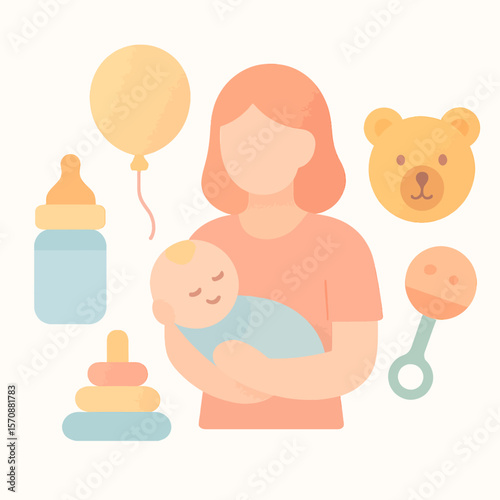 Mother Holding Baby With Toys And Bottle