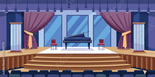 Grand piano on stage with red chairs and curtains auditorium
