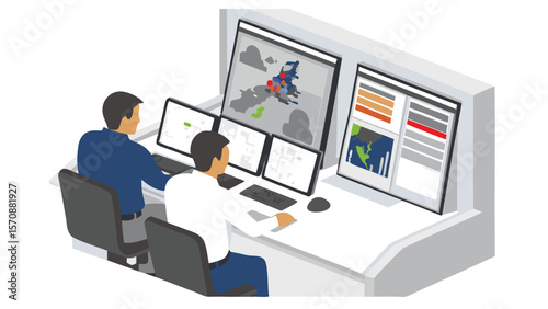 Two people monitoring multiple computer screens in a control room environment setting at a workstation