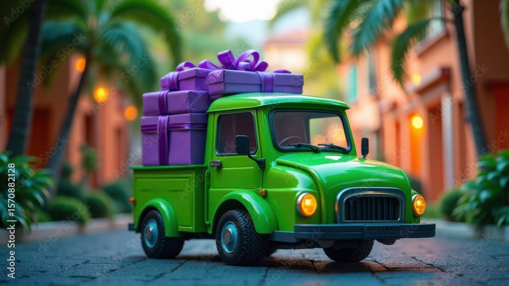 Obraz premium Green vintage truck carrying large purple gifts; whimsical, festive, delivery concept.