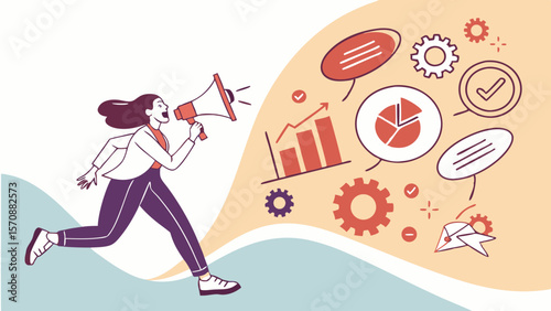 Businesswoman running with megaphone spreading charts, pie graphs, gears, and icons representing strategy, analytics, teamwork, and productivity