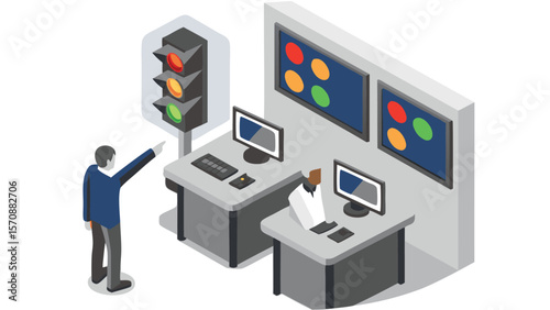 Isometric control room scene with traffic light monitors and two people operating computers