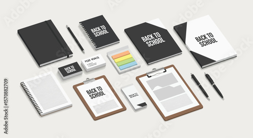 Back to school supplies stationery mockup notebook pen clipboard business card post it note branding design 3d