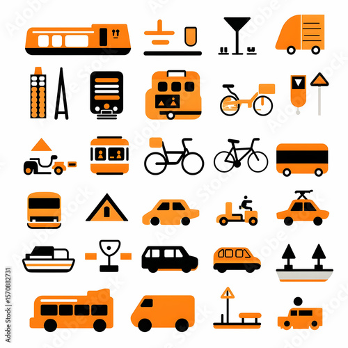 Collection of orange and black transportation icons