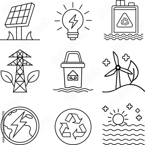 Collection of simple line art icons representing renewable energy and environmental protection concepts