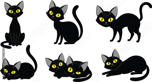 Collection of cute cartoon black cats in various poses with bright yellow eyes
