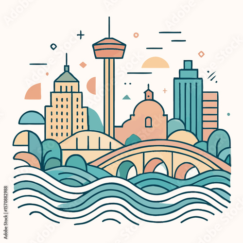 San Antonio Skyline With River And Historic Landmarks