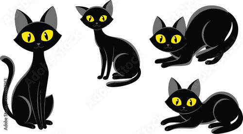 Collection of cute black cats with bright yellow eyes in various poses