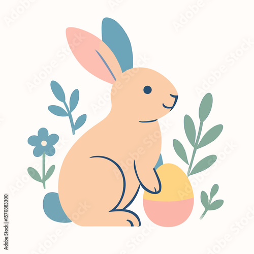 Cute Easter Bunny With Colorful Egg And Spring Leaves