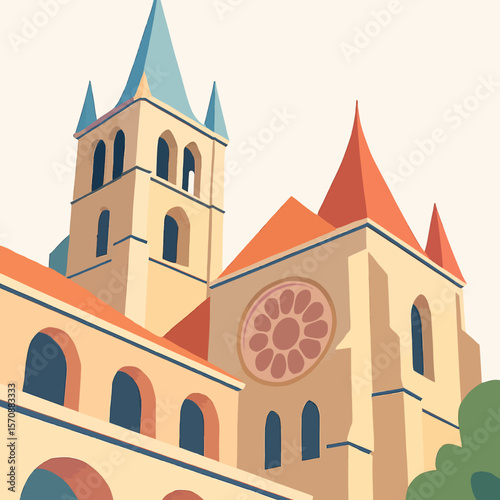 Medieval Cathedral With Colorful Spires And Rose Window