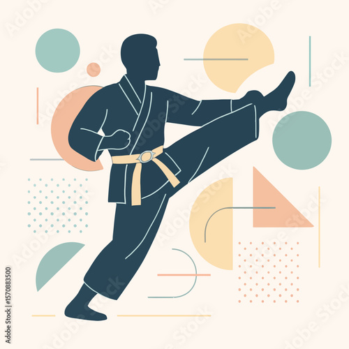 Martial Artist Practicing High Kick With Geometric Shapes