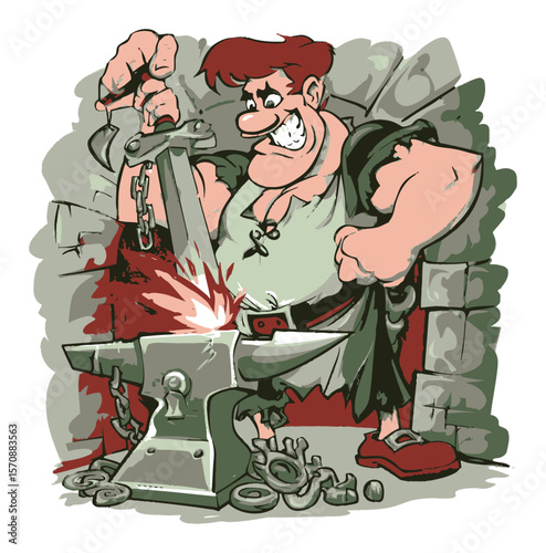 Cartoon Blacksmith Working at an Anvil Creating Sparks and Muscles