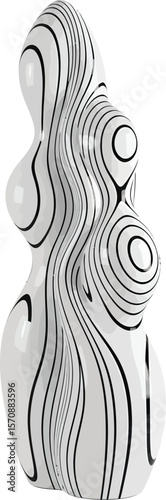 Abstract white sculpture with black swirling lines on a white background