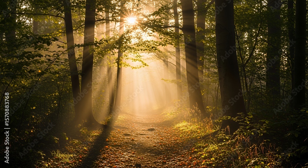 Obraz premium Sunlit Forest Path with Beams of Light and Autumnal Leaves