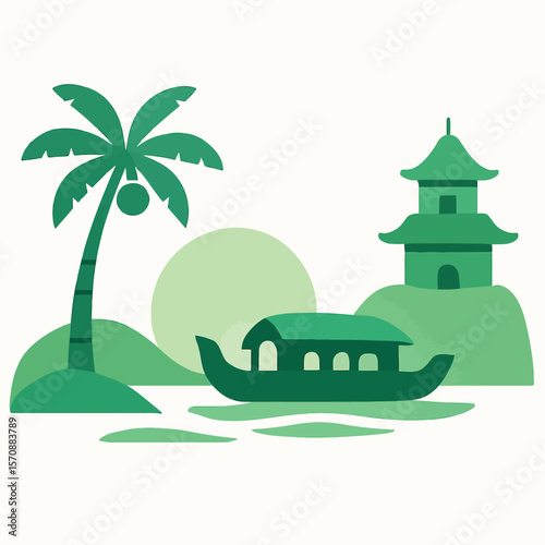 Traditional Asian River Scene With Pagoda And Boat