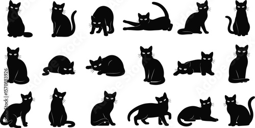 Collection of silhouettes of black cats in various poses on a white background