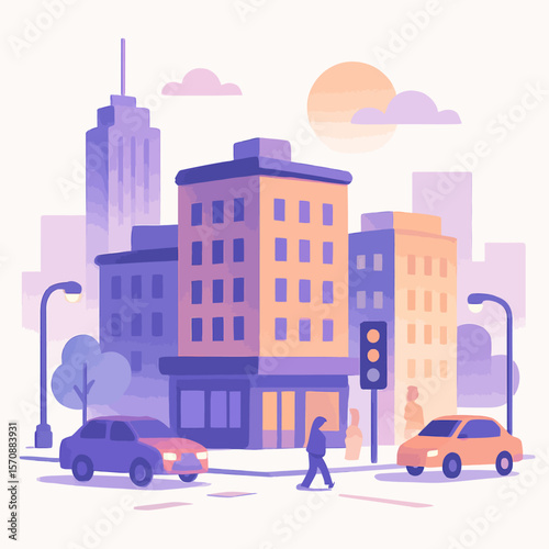 Busy City Street At Sunset With Cars And Pedestrians