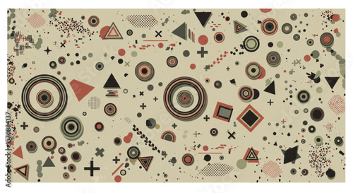 Abstract beige background with scattered geometric shapes and patterns.