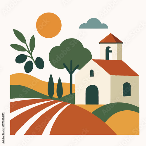 Sunny Countryside Chapel In Mediterranean Fields