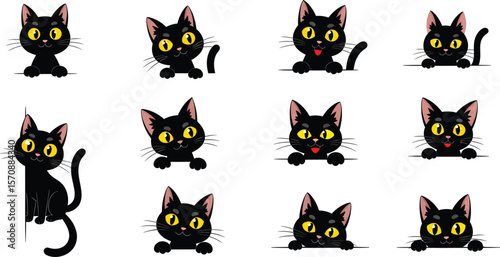 Collection of cute black cats with yellow eyes peeking over a surface
