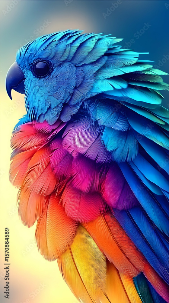 Fototapeta premium Vibrant colorful parrot close-up, soft focus background, artistic portrayal, for digital art or display