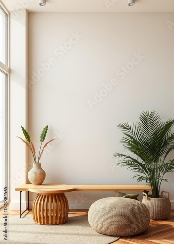 Wallpaper Mural Empty beige wall mockup in boho room interier Empty room interior design architecture blank design room Torontodigital.ca