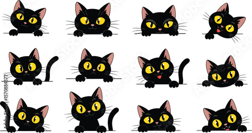 Collection of cute cartoon black cats with big yellow eyes peeking over a white surface