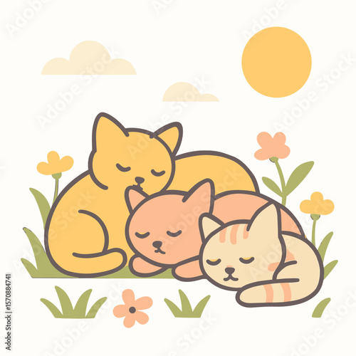Three Cute Cats Sleeping Peacefully In Garden