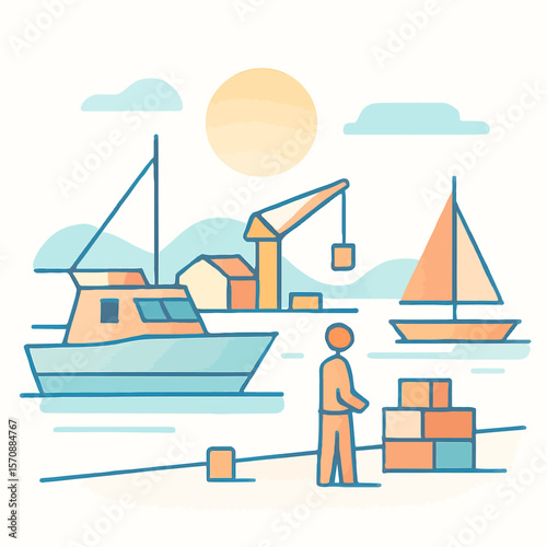 Harbor Loading Scene With Boats And Cranes