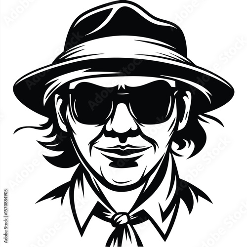 Man smiles wearing fedora hat and sunglasses in an eyecatching monochrome portrait