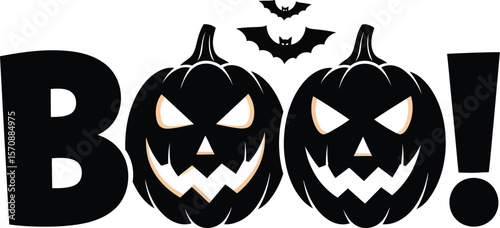Spooky halloween boo text with carved pumpkins and flying bats on white background