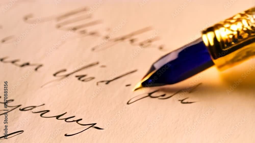 Ornate gold fountain pen resting on aged parchment paper with elegant script