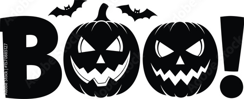 Spooky halloween boo text with jack o lantern pumpkins and flying bats