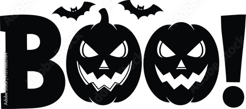Spooky halloween boo text with jack o lanterns and bats on white background