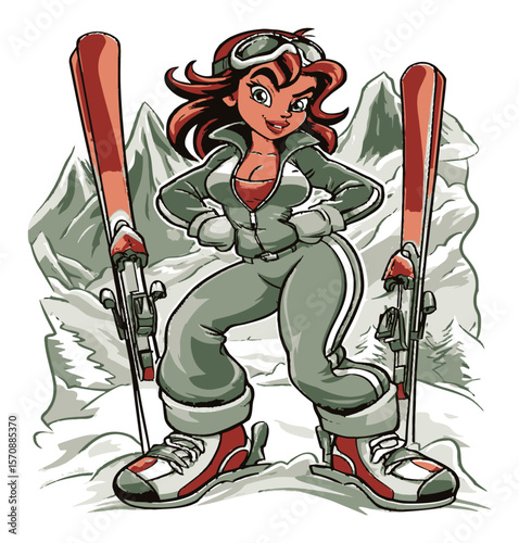 Energetic Cartoon Ski Girl with Skis in Winter Mountain Landscape
