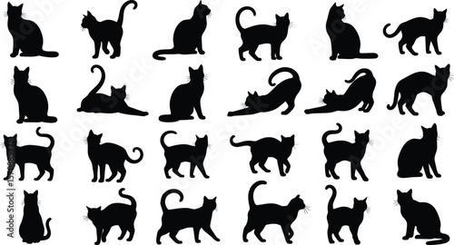 Collection of black cat silhouettes in various poses on white background