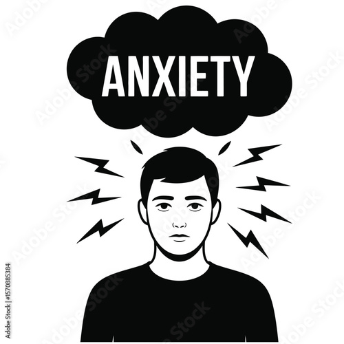 Anxiety cloud over person’s head, black and white vector illustration symbolizing mental health and emotional struggle