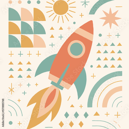 Colorful Geometric Rocket Launch With Sun And Stars