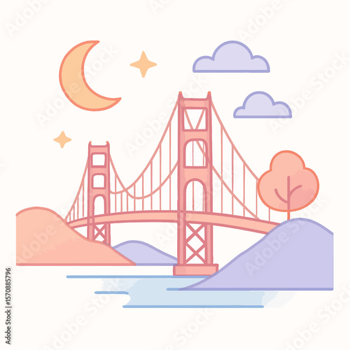 Golden Gate Bridge At Dusk With Crescent Moon