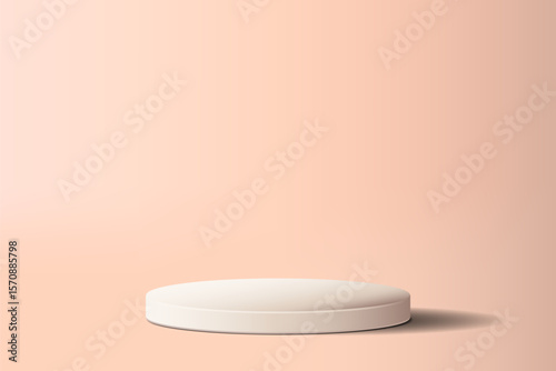 Minimalist white cylindrical podium on soft peach background for display
