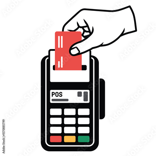 Black and white vector of a hand inserting card into POS machine, symbolizing digital transaction and modern payment method