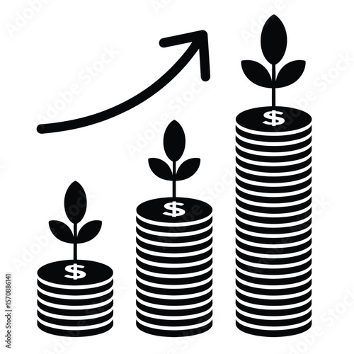 Black and white vector of a stack of coins growing upward representing wealth accumulation and financial growth
