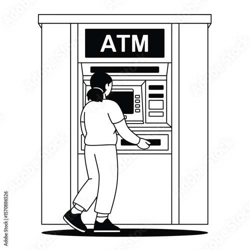Black and white vector of person withdrawing money from ATM machine, representing banking, finance, and personal transactions