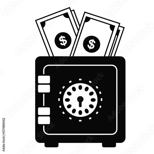 Black and white vector of secure safe box with visible cash and lock, representing financial security and money protection