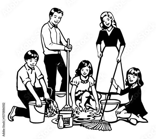 Vintage Family Cleaning Day Illustration with Children and Adults Engaging in Chores