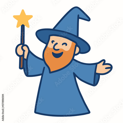 Smiling Cartoon Wizard With Magic Wand