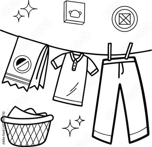 Clean laundry hanging on a clothesline with a basket and care symbols