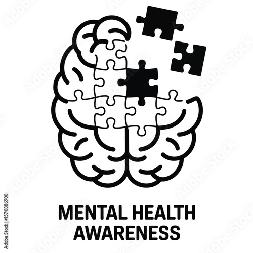Brain with puzzle pieces missing, black and white vector illustration symbolizing mental health awareness and cognitive challenges