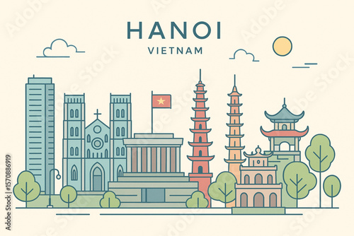 A vibrant, detailed illustration showcasing the iconic architecture and cultural essence of Hanoi, Vietnam, under a clear sky.