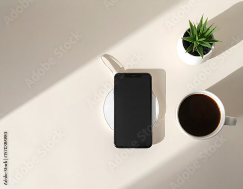 A clean and modern workspace flat lay featuring a wireless charging pad and smartphone, styled with a coffee cup and potted plant.